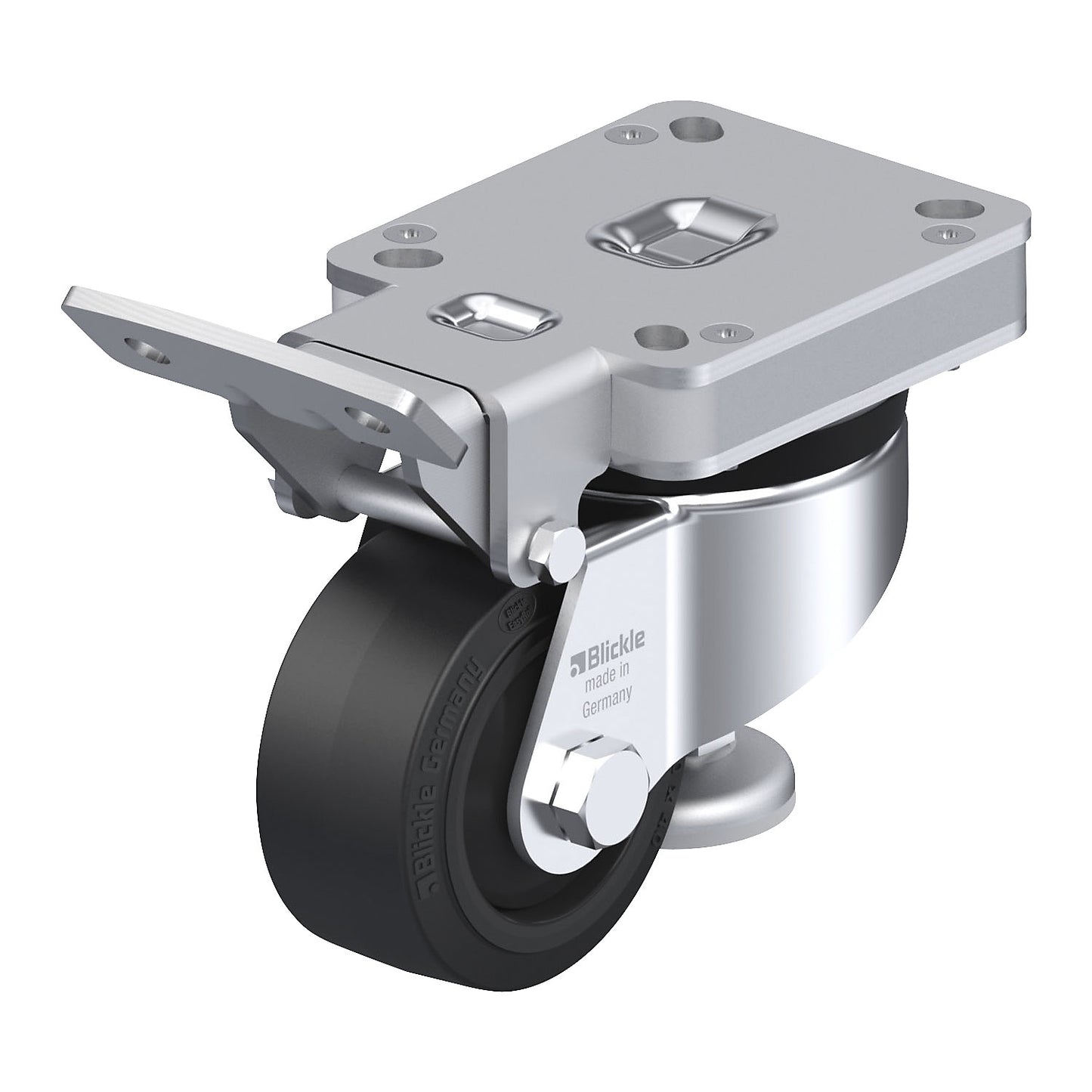 HRLK-POEV levelling castor, plate dimensions 100 x 85 mm, wheel Ø 80 mm, max. load 170 kg.