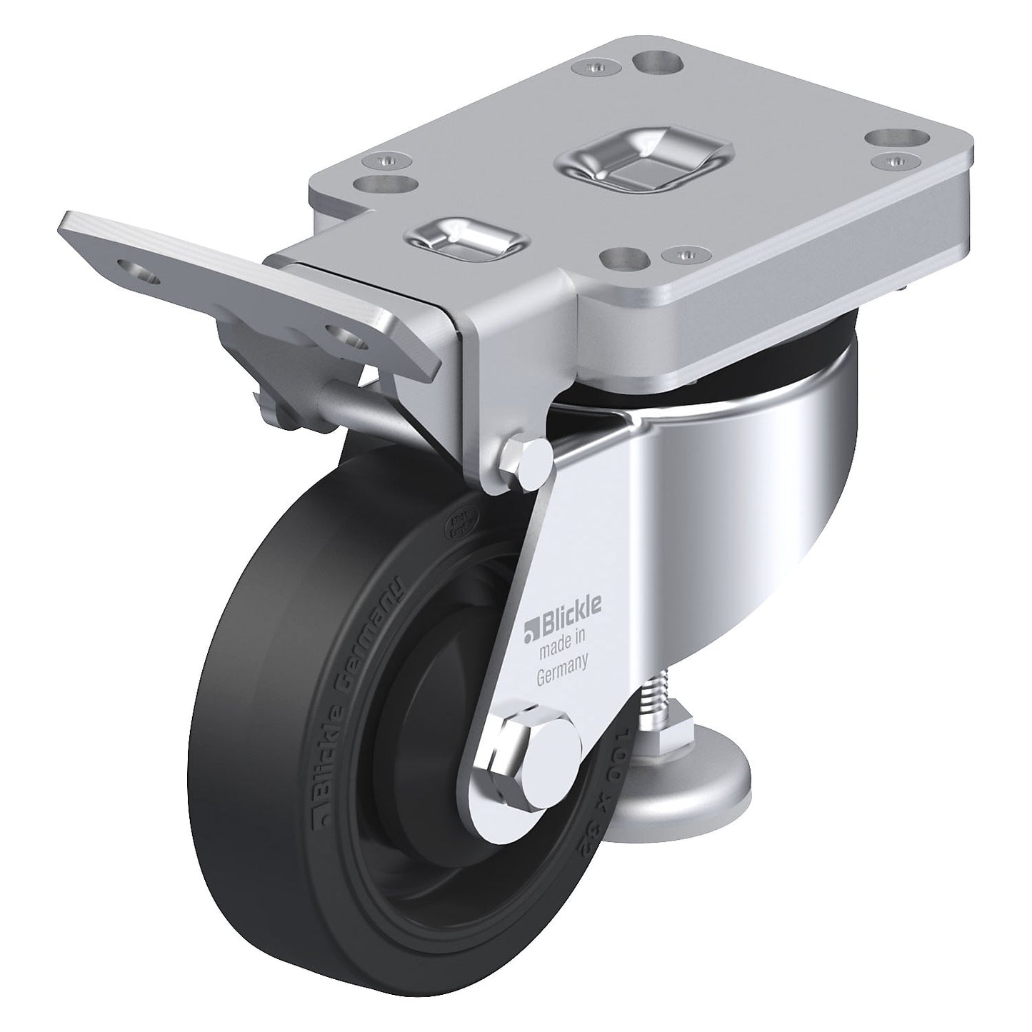 HRLK-POEV levelling castor, plate dimensions 100 x 85 mm, wheel Ø 100 mm, max. load 200 kg.