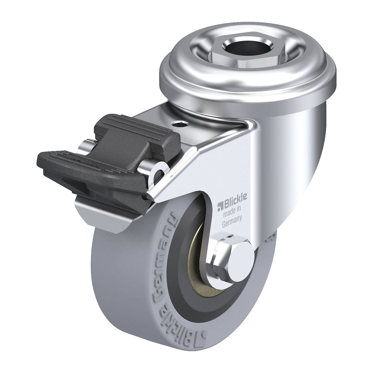 LRA-VPA light duty swivel castor, plate dimensions 43 mm, with stop, wheel Ø 50 mm, max. load 40 kg.