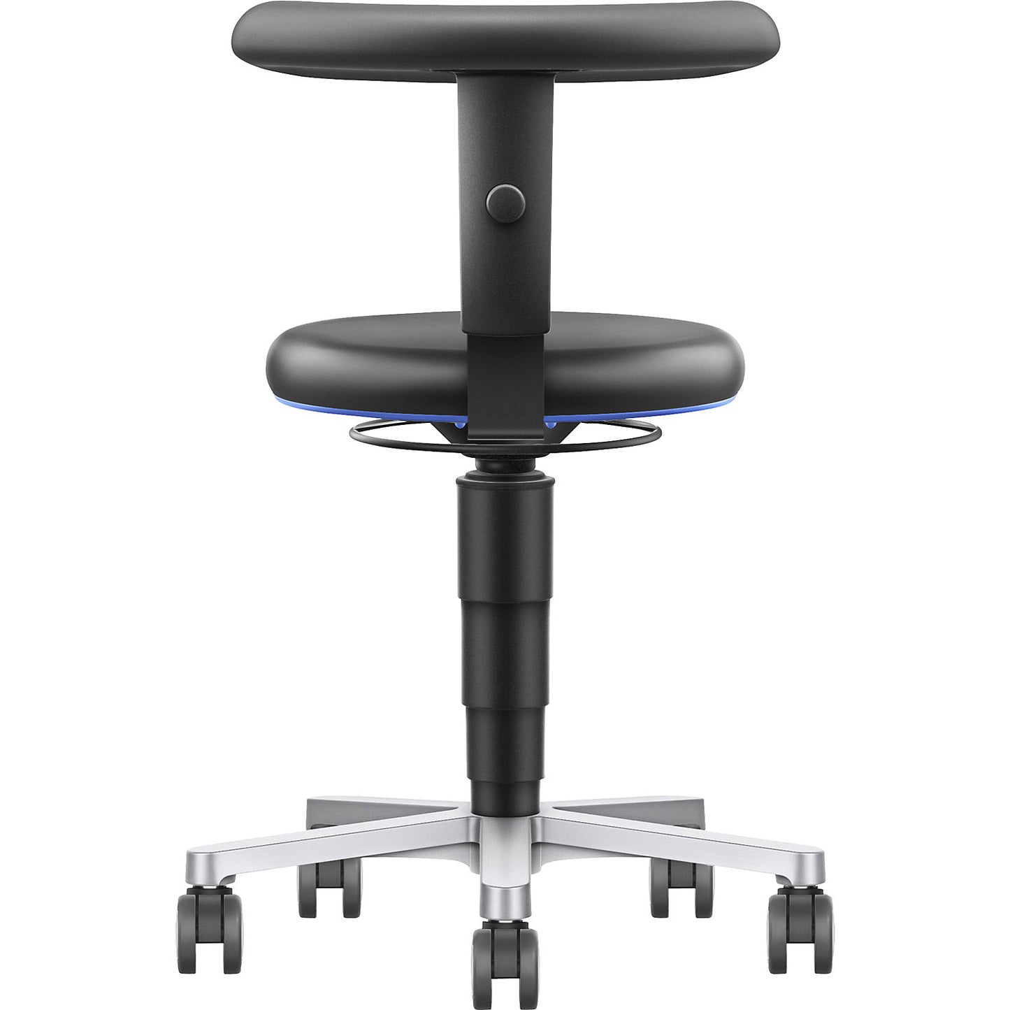 Dynamic laboratory chair with flex support, with castors, height adjustable, colour ring in blue.