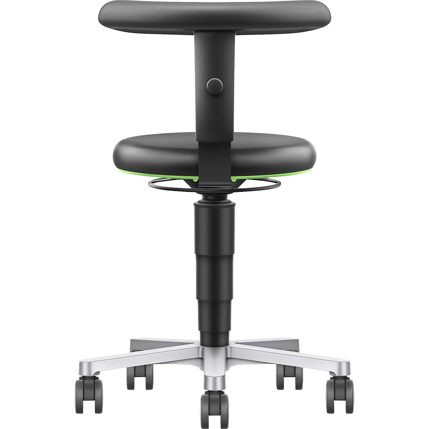 Dynamic laboratory chair with flex support, with castors, height adjustable, colour ring in green.