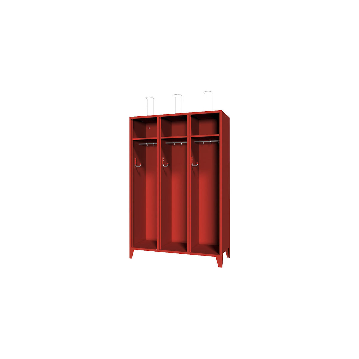 Fire brigade cupboard with feet, without door, 3 compartments, 6 lockers.