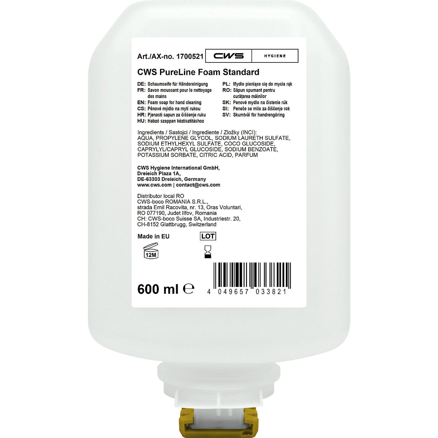PureLine foaming soap, pack of 8 x 600 ml, transparent.