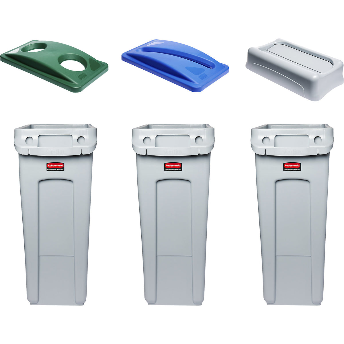 SLIM JIM® recyclable waste collection station, set of 3, capacity 3 x 60 l, can insert/paper insert/swing lid.