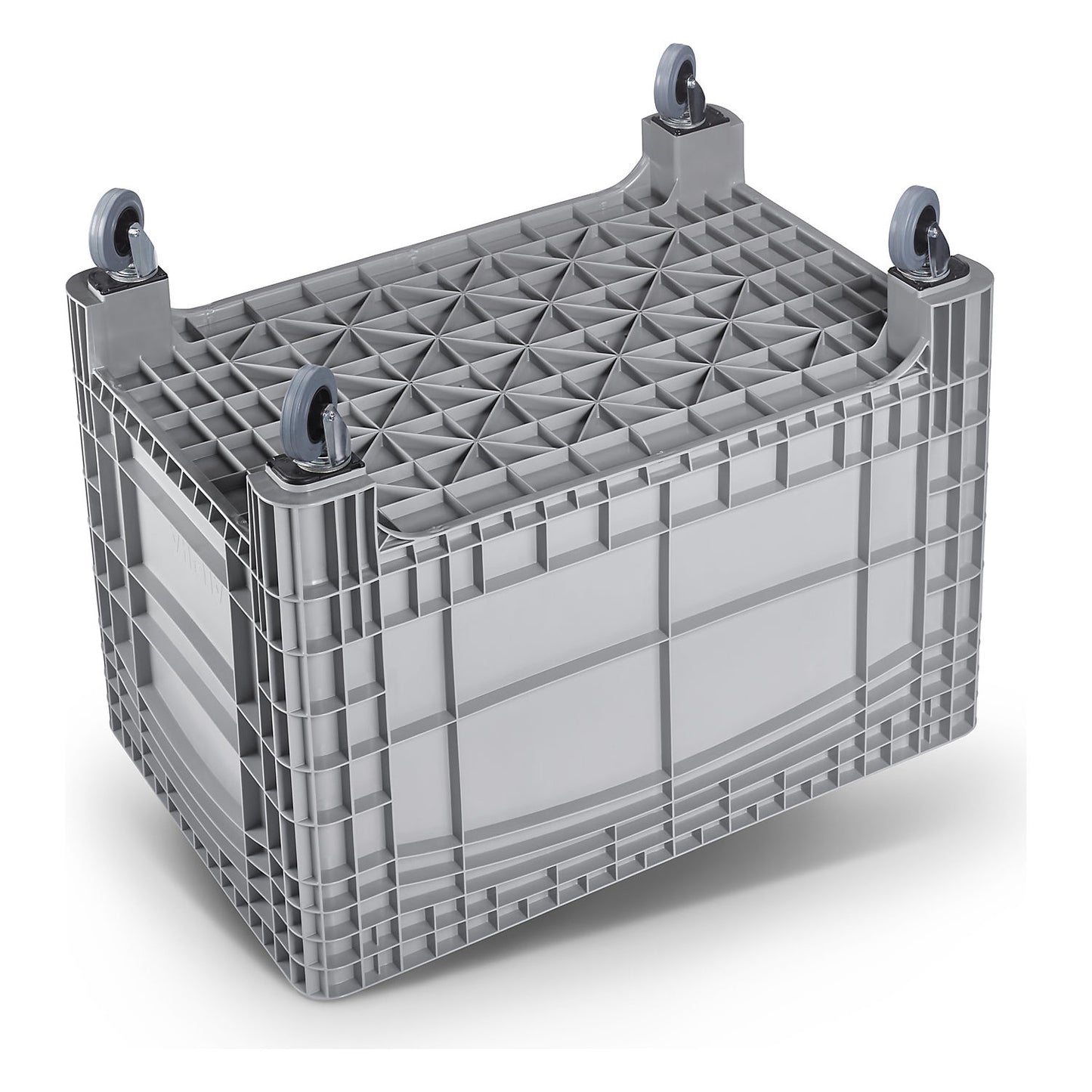 Pallet box, capacity 535 l, 4 swivel castors, 2 with wheel stops, grey.