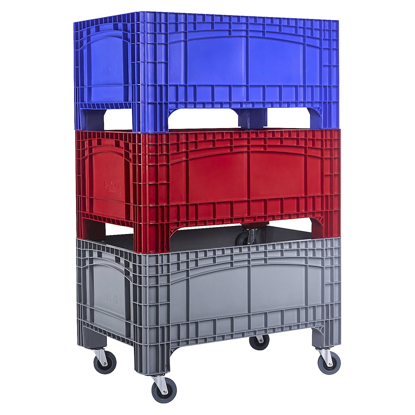 Pallet box, capacity 354 l, 4 swivel castors, 2 with wheel stops, blue.