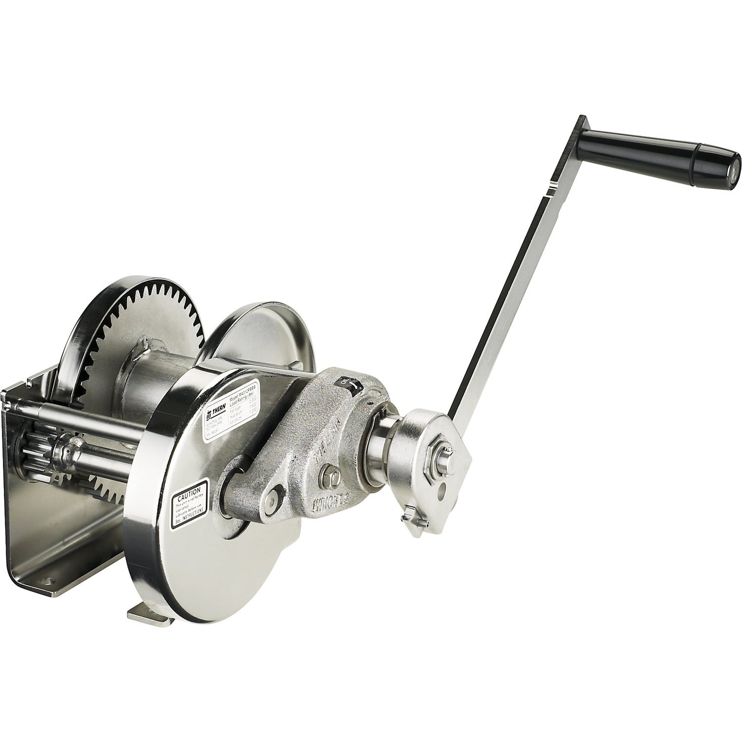 Manual wire rope winch with spur gear transmission, max. lifting load 900 kg, stainless steel.