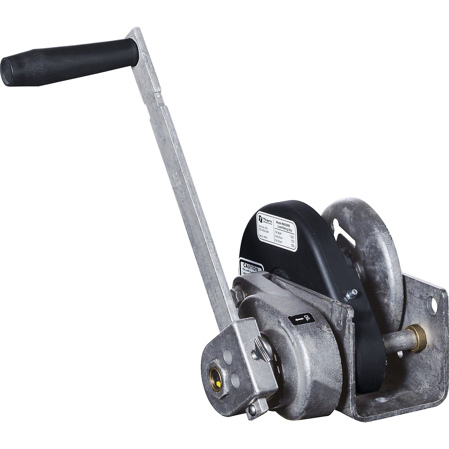Manual wire rope winch with spur gear transmission, max. lifting load 450 kg, steel, electrolytically zinc plated.