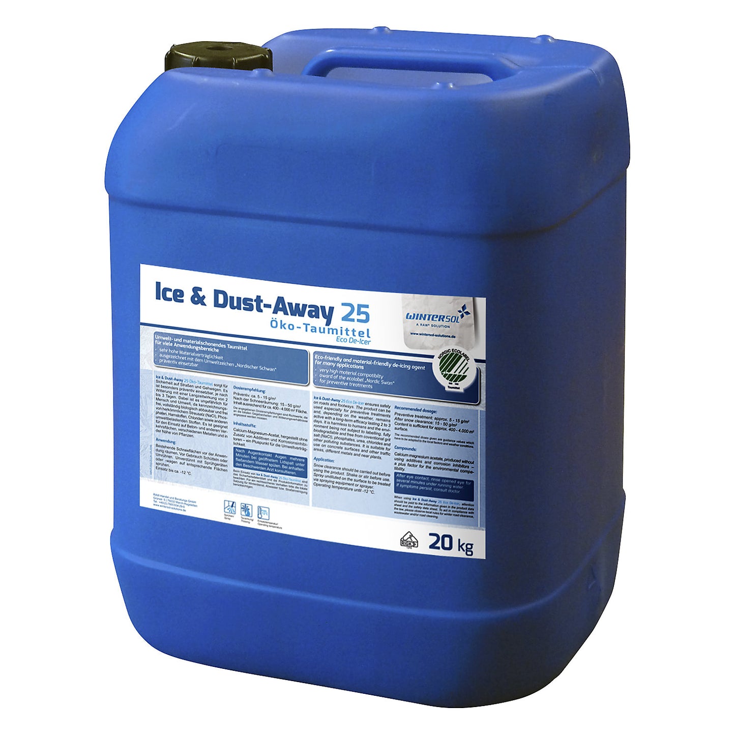 Eco-friendly liquid de-icing agent, de-icing effective down to -12 °C, pack, 20 kg canister, pack of 6.