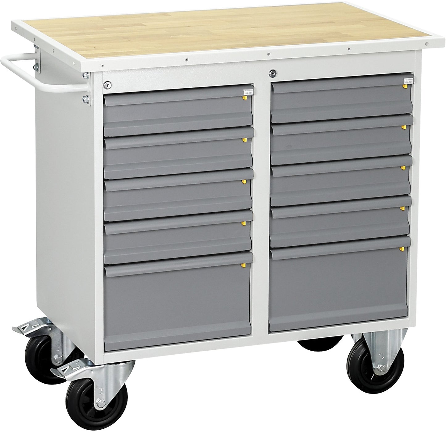 Mobile workbench, with 10 drawers, light grey / charcoal.