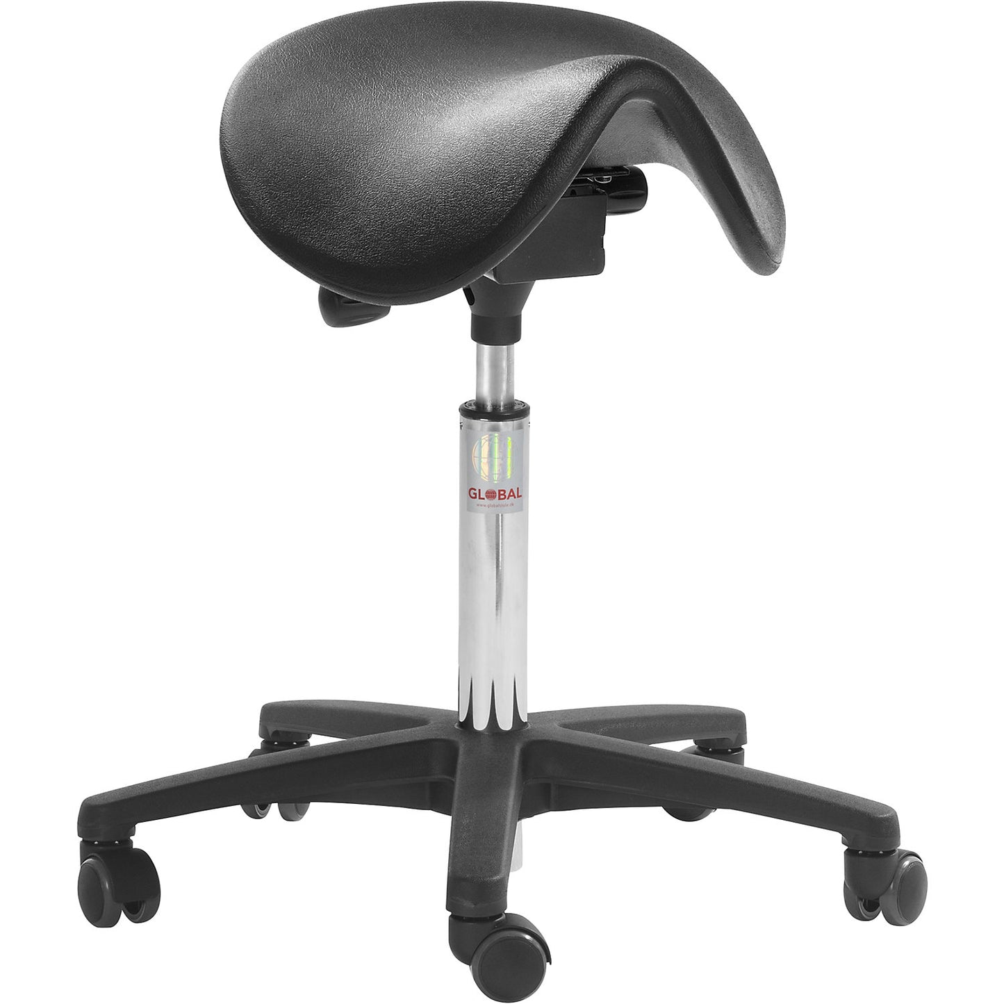 Saddle stool, tilting seat with castors, seat height 600 - 790 mm, PU foam.