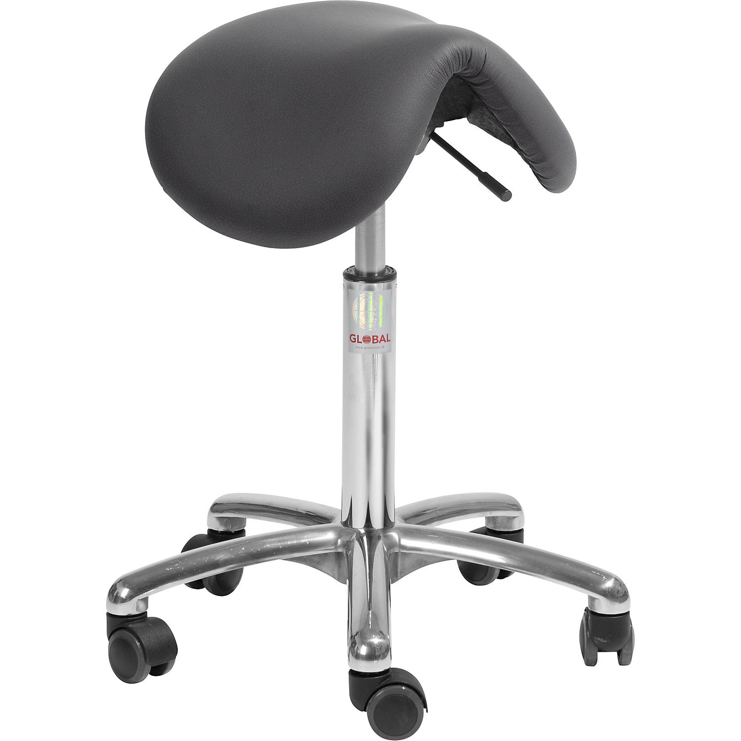Saddle stool with aluminium base, height adjustable 510 - 700 mm, vinyl.