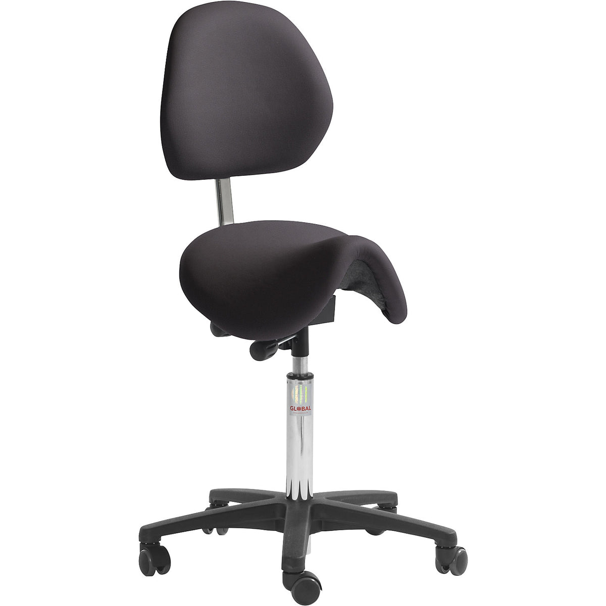 Saddle stool with back rest, seat height 600 - 790 mm, plastic, vinyl.