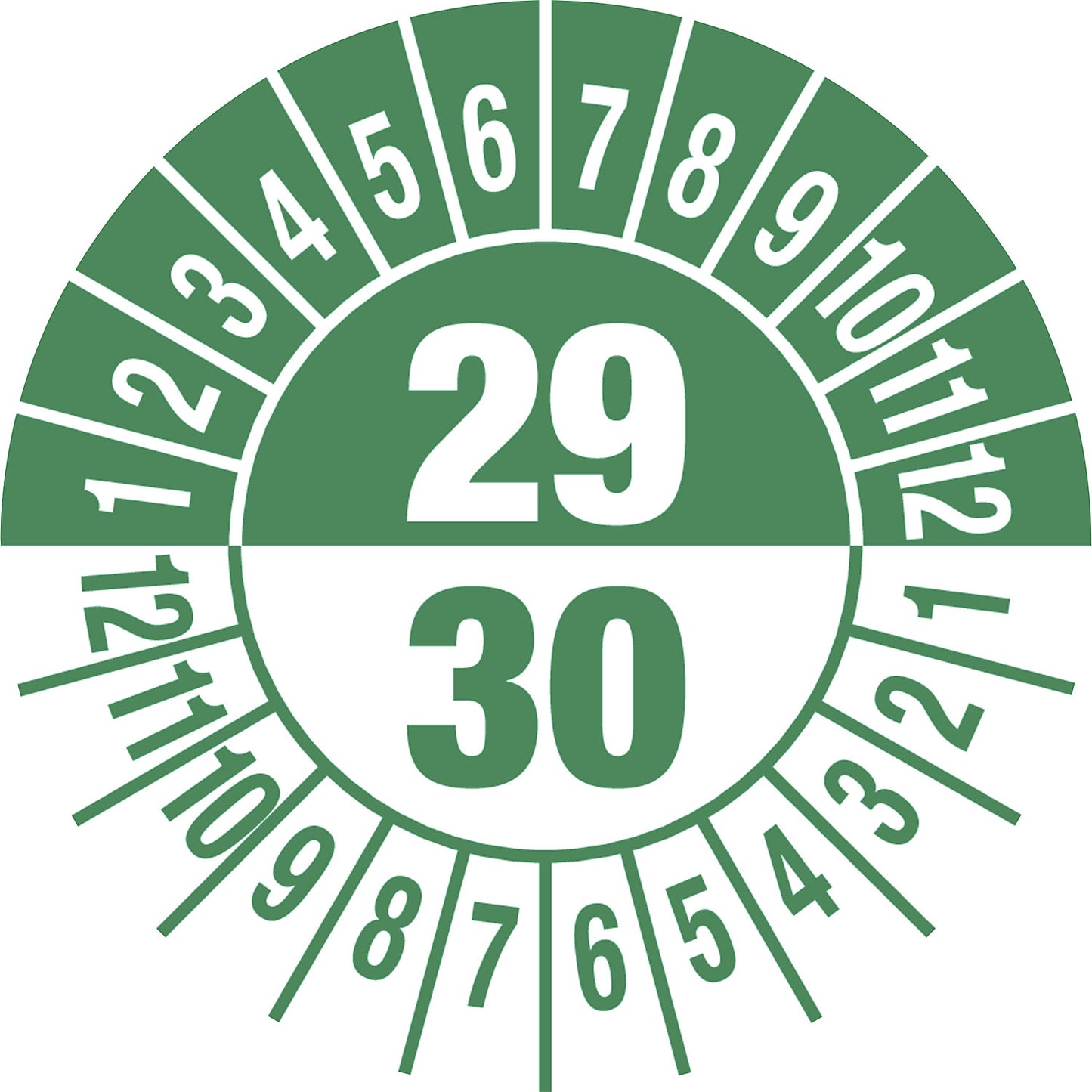 Test placard, multiple years, document film, Ø 25 mm, pack of 10, 29/30, green.