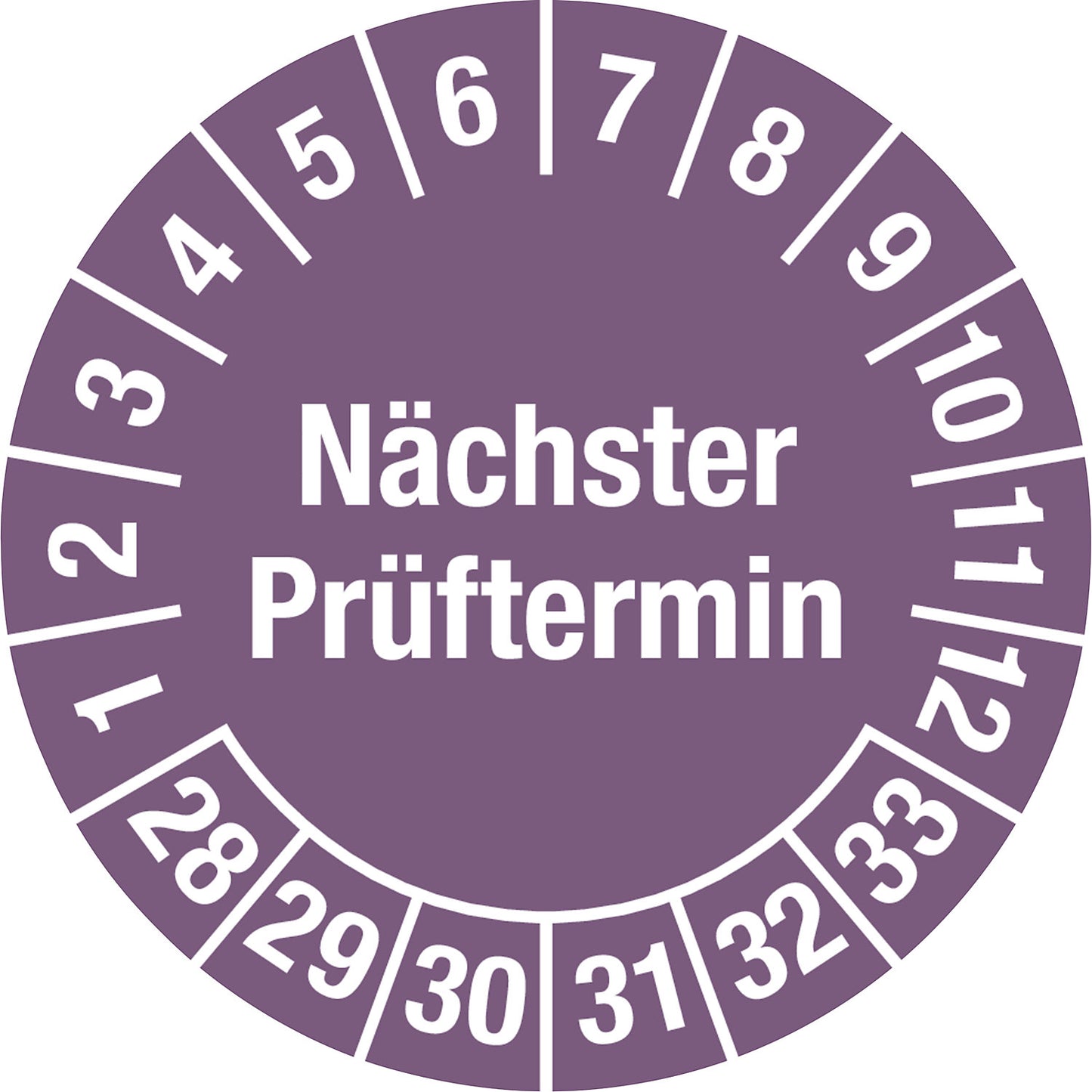 Next test date, multiple years, document film, Ø 25 mm, pack of 10, 28 - 33, purple.