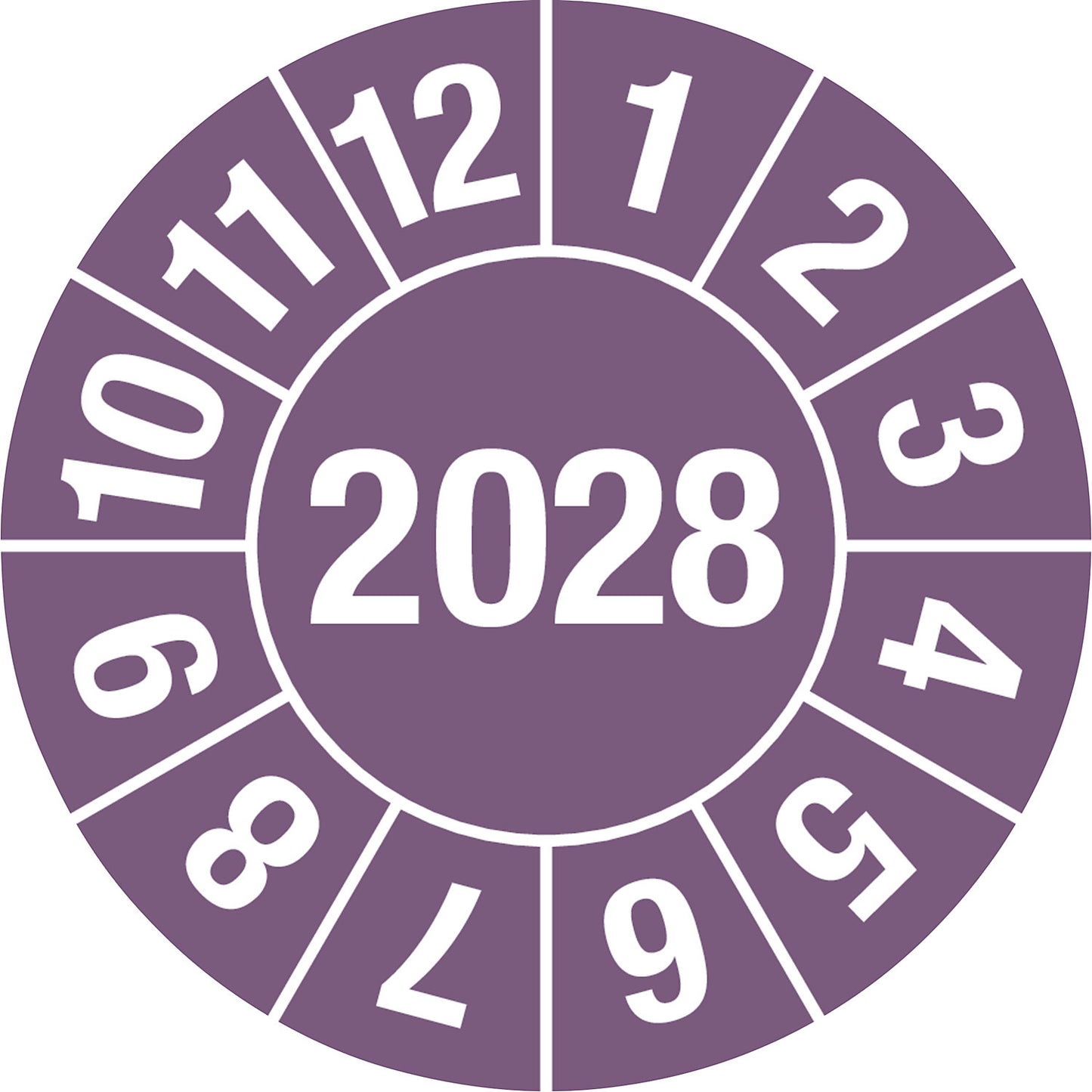 Test placard, 4 digit year, document film, Ø 25 mm, pack of 10, 2028, purple.