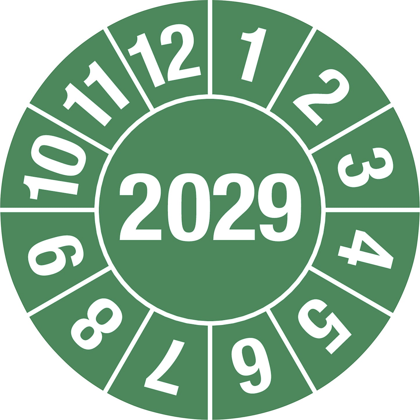 Test placard, 4 digit year, document film, Ø 30 mm, pack of 10, 2029, green.