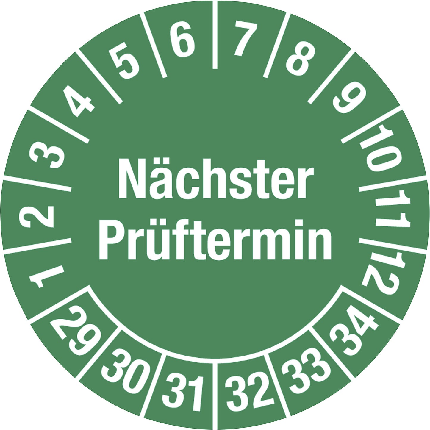Multiple year placard, next test date, document film, Ø 20 mm, 29 - 34, green.