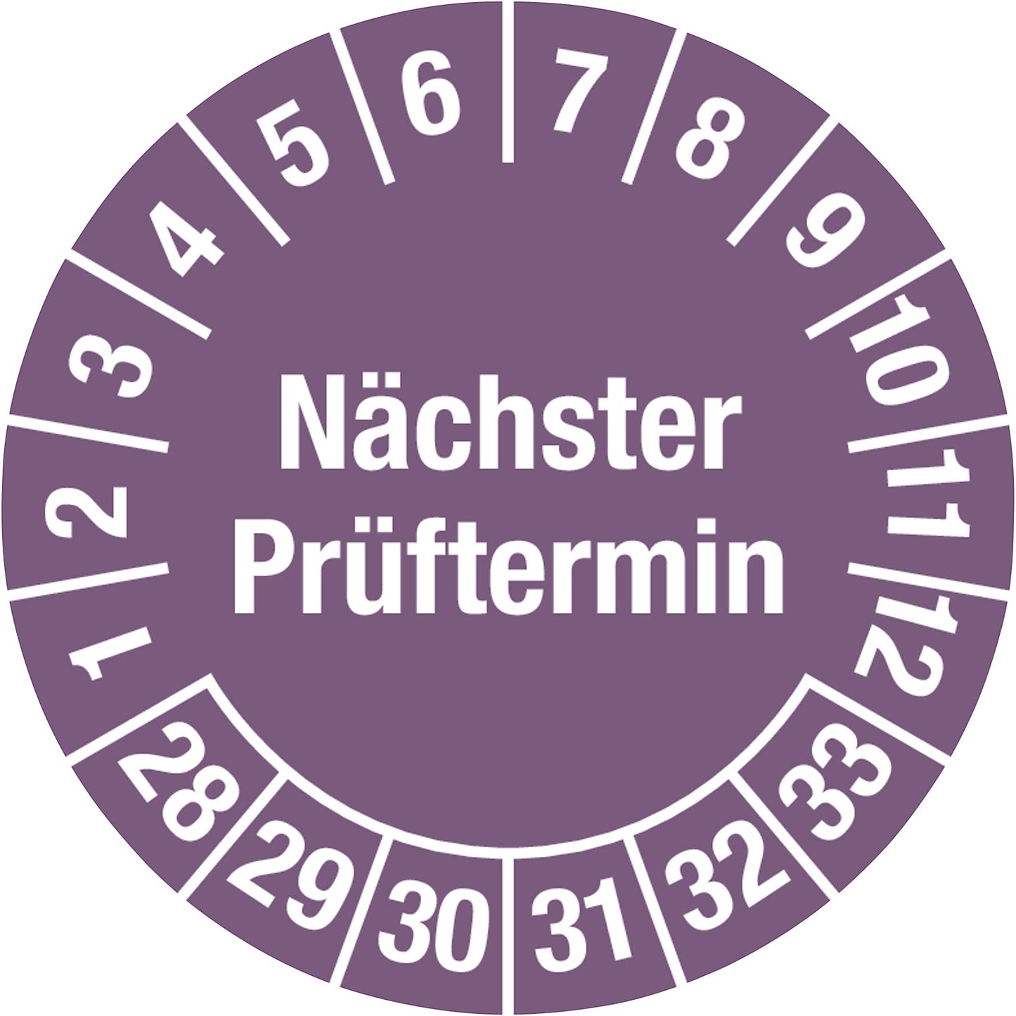 Multiple year placard, next test date, document film, Ø 20 mm, 28 - 33, purple.