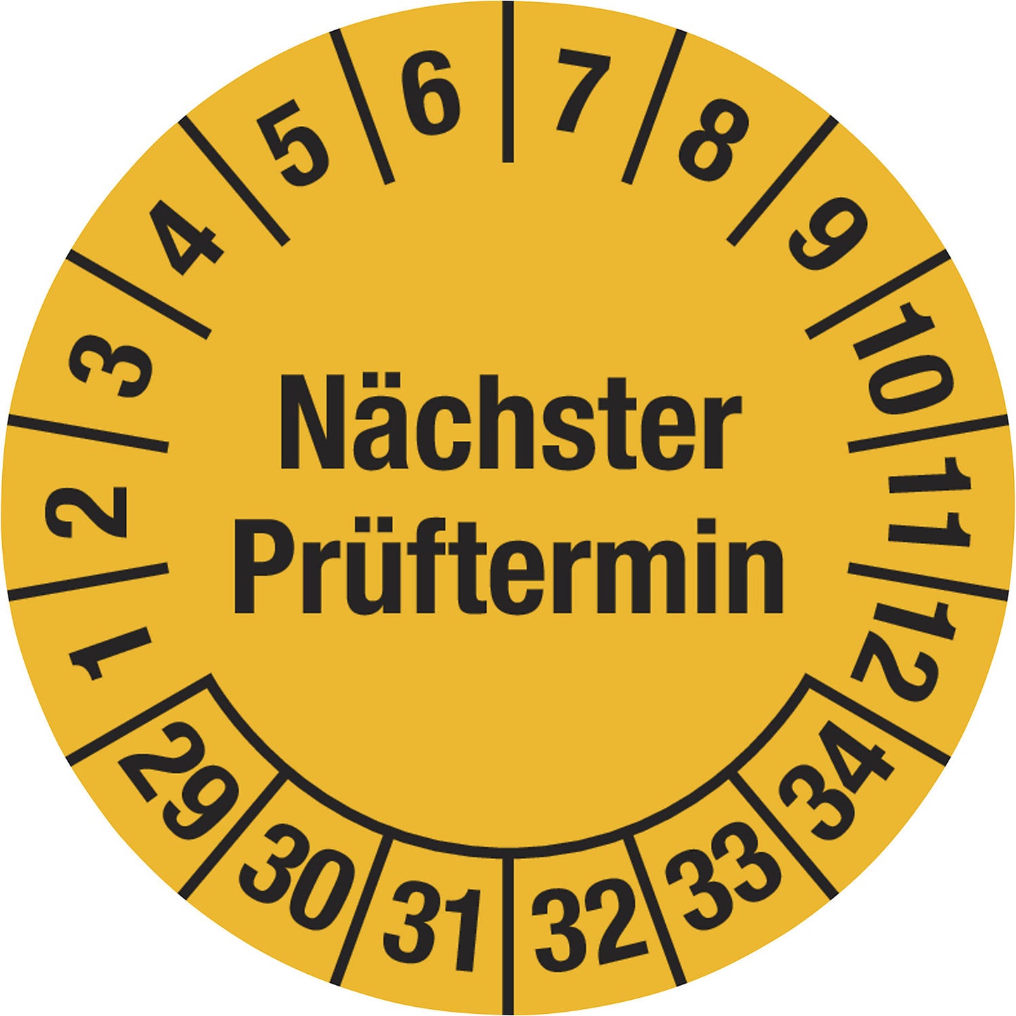 Multiple year placard, next test date, document film, Ø 20 mm, 29 - 34, yellow.