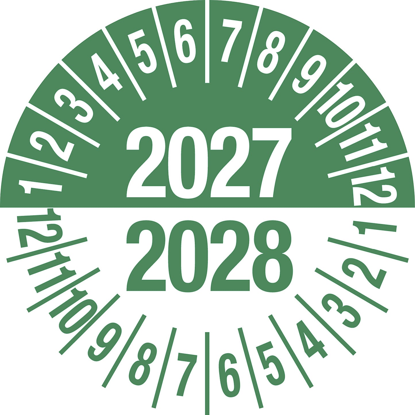 Test placard, multiple years, green, document film, Ø 35 mm, pack of 10, 2027/2028.