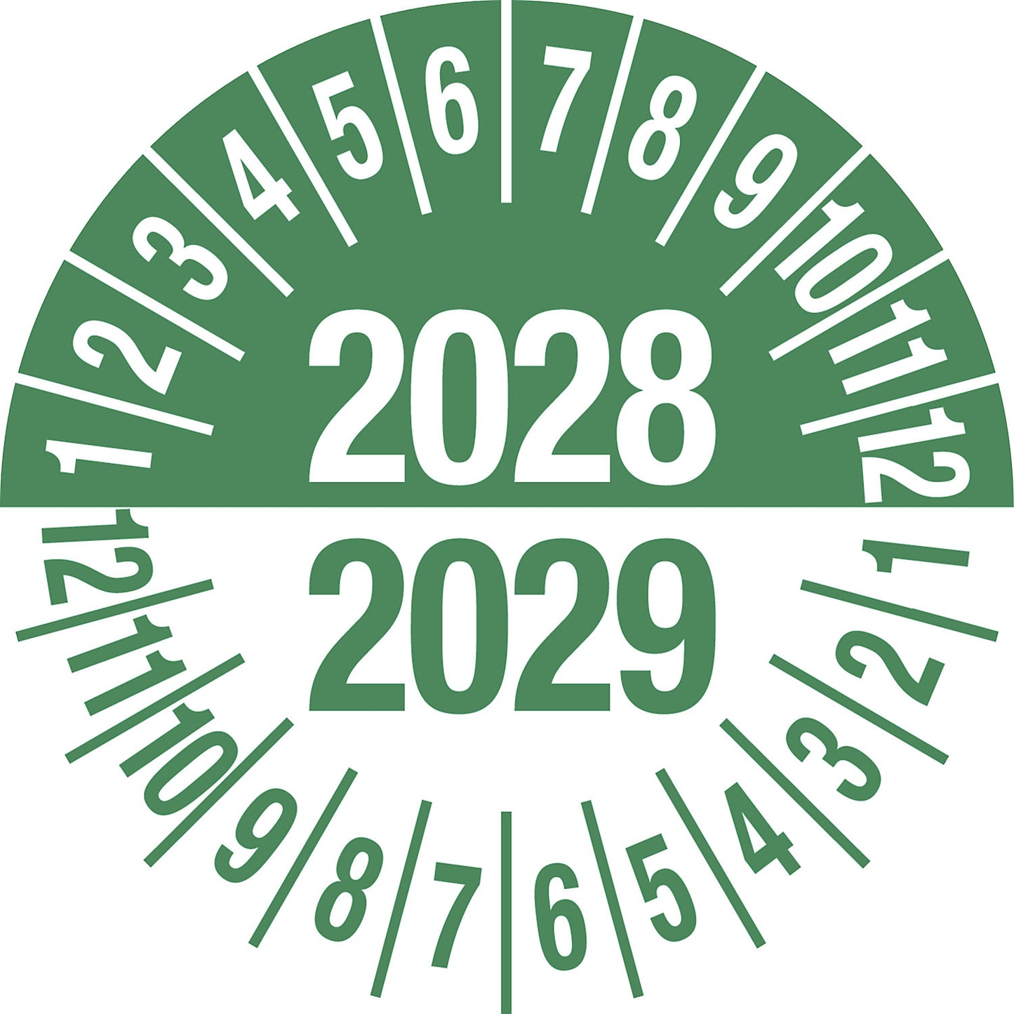 Test placard, multiple years, green, document film, Ø 35 mm, pack of 10, 2028/2029.