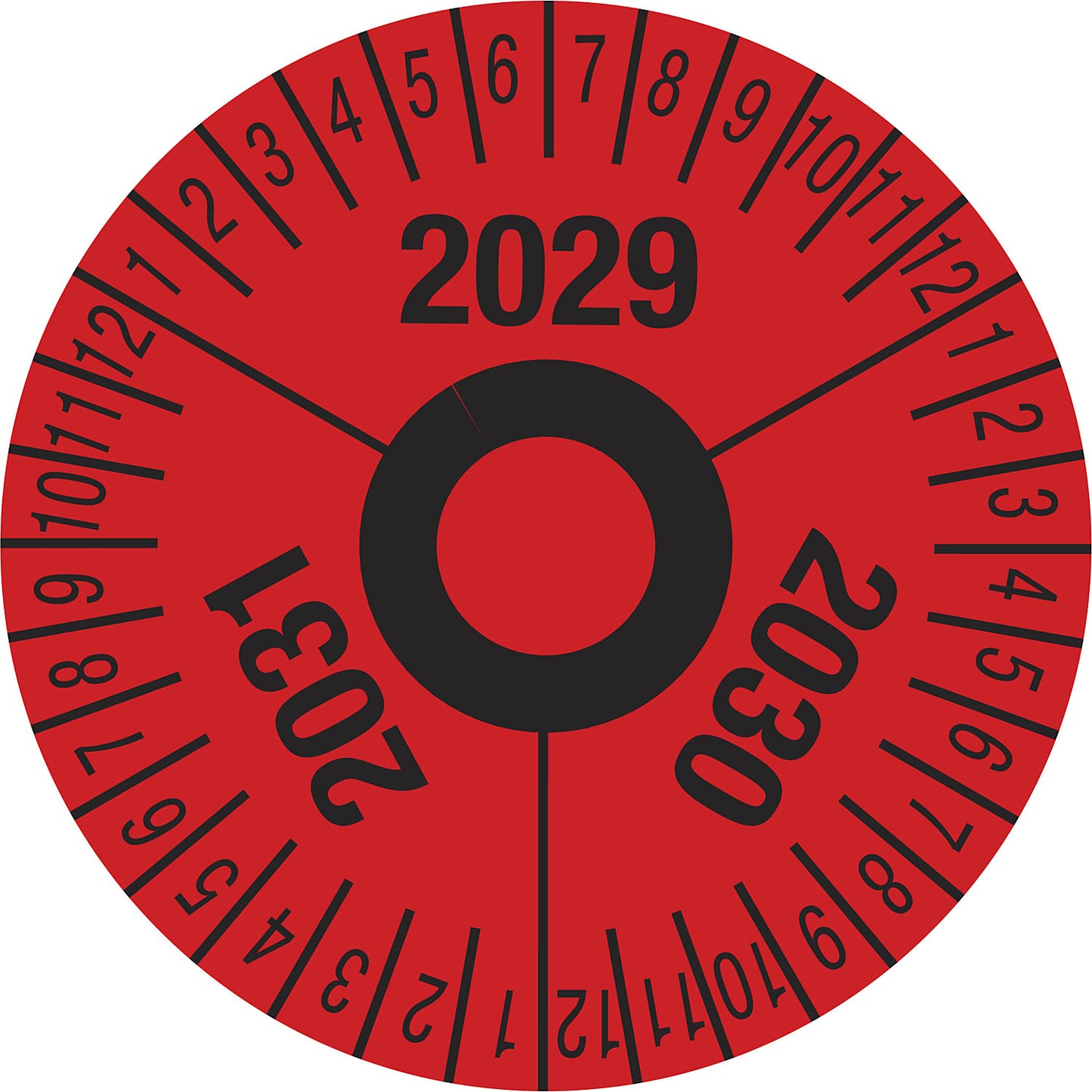 Test placard, multiple years, red, film, Ø 40 mm, pack of 10, 2029 - 2031.