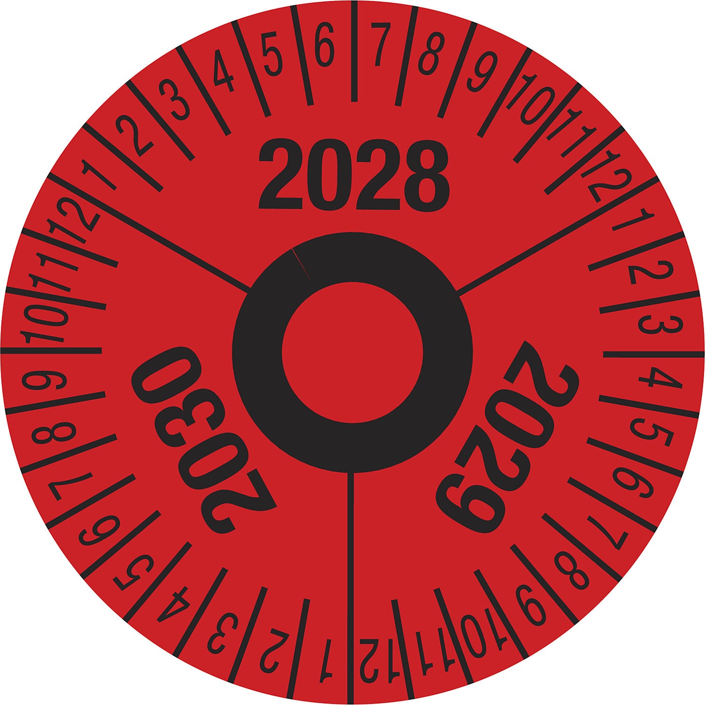 Test placard, multiple years, red, film, Ø 40 mm, pack of 10, 2028 - 2030.