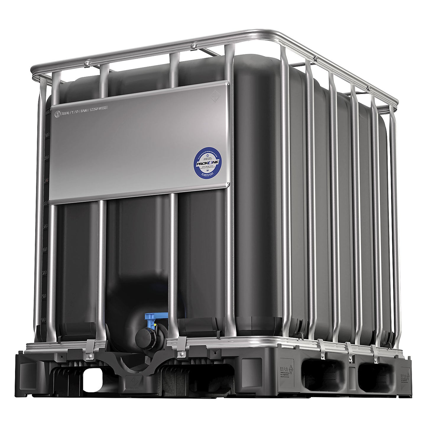 IBC container with UN approval, UV protection, capacity 1000 l, black, on a plastic pallet.