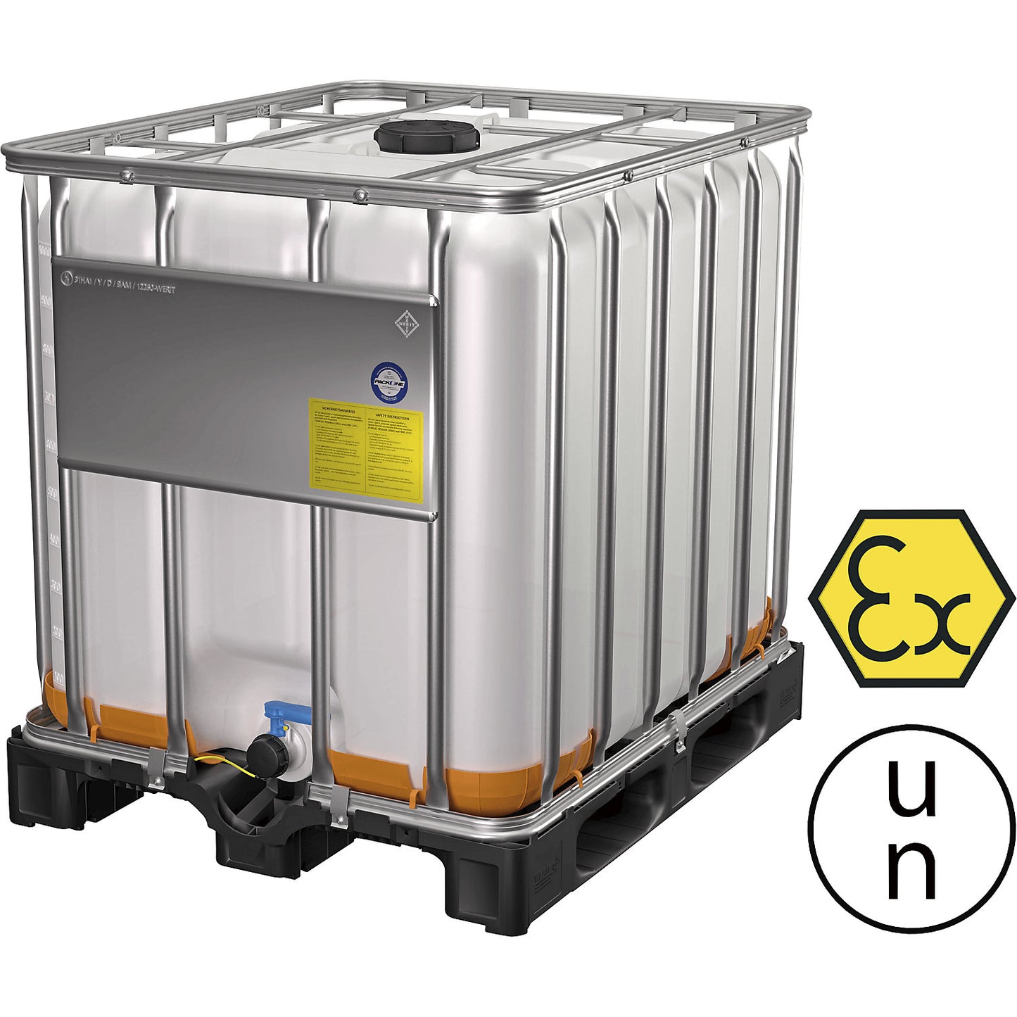 IBC container, ex protection, capacity 1000 l, natural, on a plastic pallet.