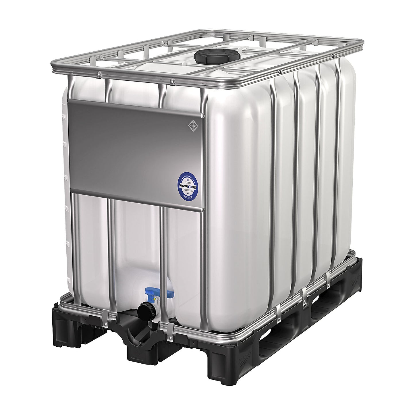 IBC container, slide valve, capacity 600 l, natural, on a plastic pallet.