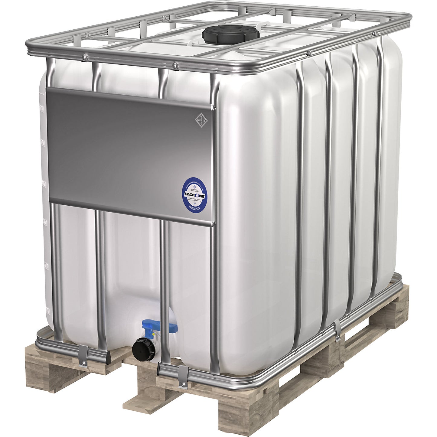 IBC container, standard, capacity 600 l, natural, on a wooden pallet.