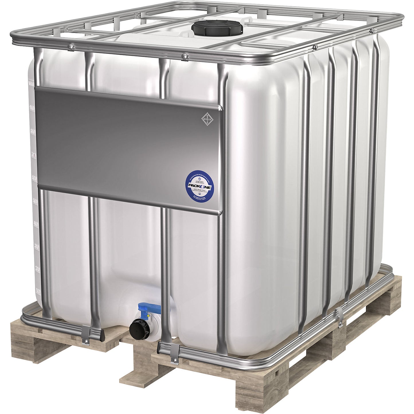 IBC container, standard, capacity 1000 l, natural, on a wooden pallet.