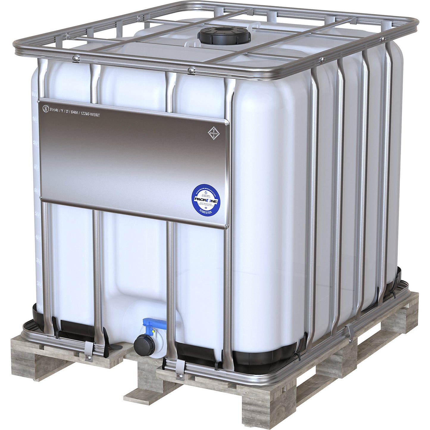 IBC container with UN approval, capacity 1000 l, natural, on a wooden pallet.
