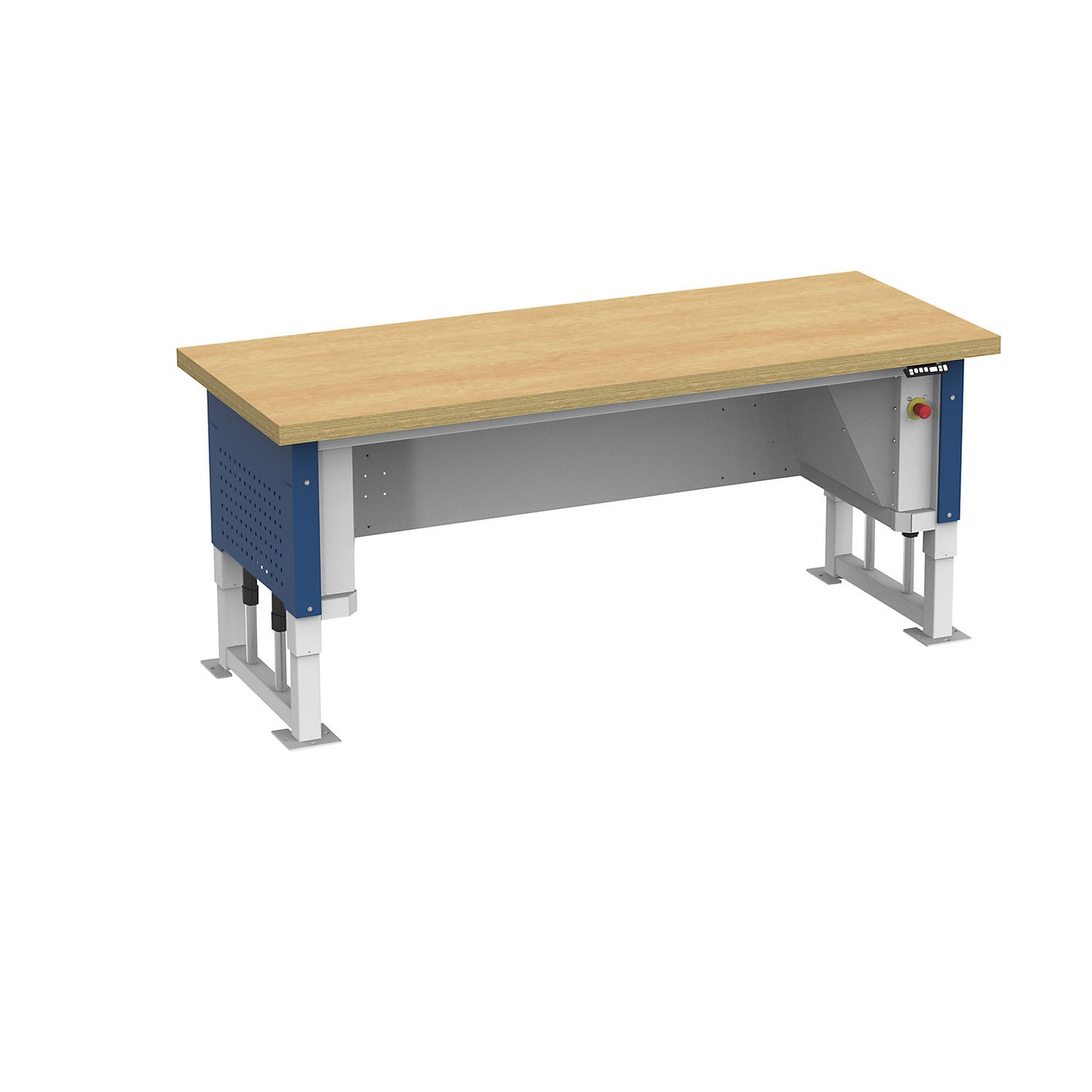 Heavy duty table, electrically height adjustable, worktop width 2030 mm, max. surface load 1000 kg, gentian blue RAL 5010.