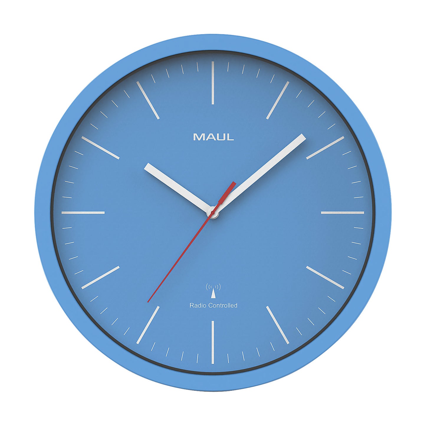 MAULjump wall clock, radio synchronised time keeping mechanism, light blue.