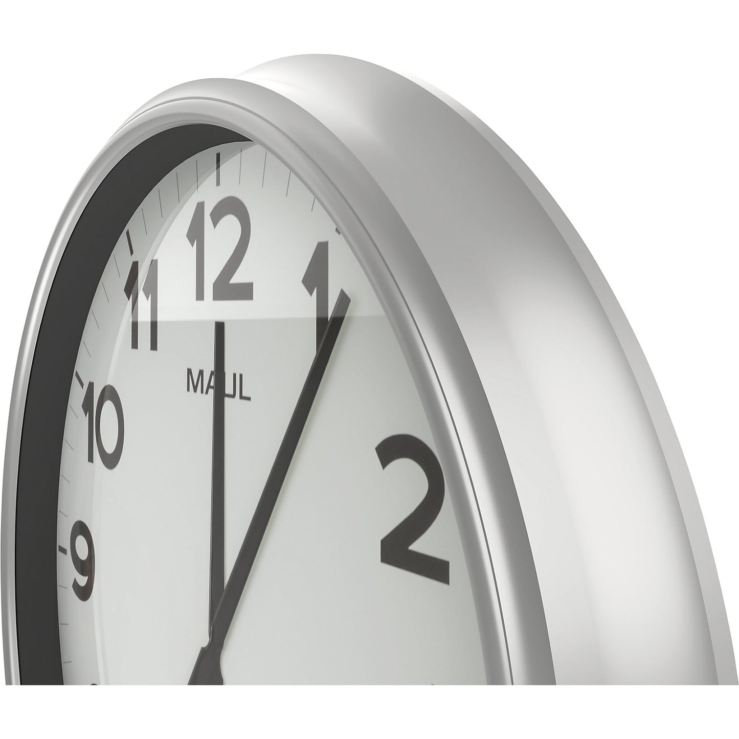 MAULride wall clock, radio synchronised time keeping mechanism, housing silver, clock face white.
