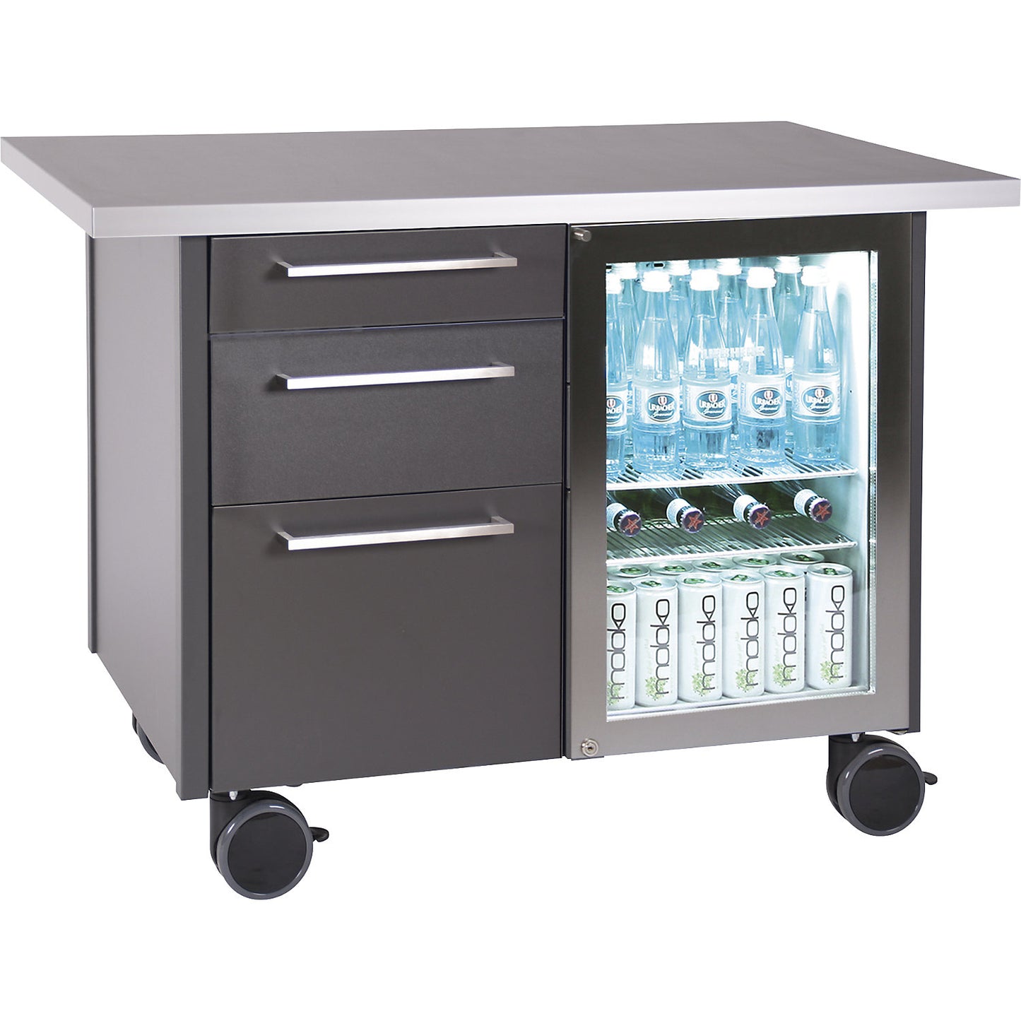Service and coffee station, with 1 refrigerator and 3 drawers, LxWxH 1250 x 740 x 900 mm.