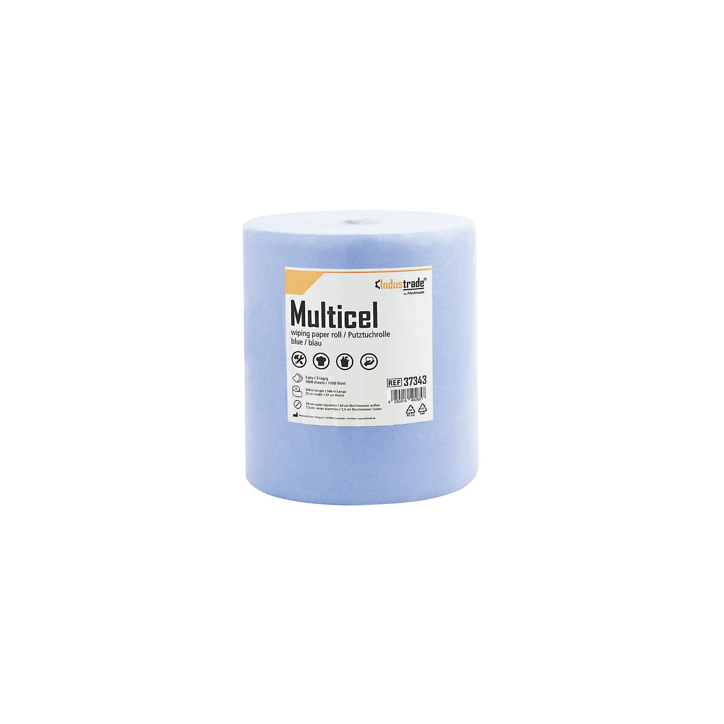 Multicel paper wipes, cellulose, 3-ply, blue, pack of 1 roll, 1000 sheets/roll.