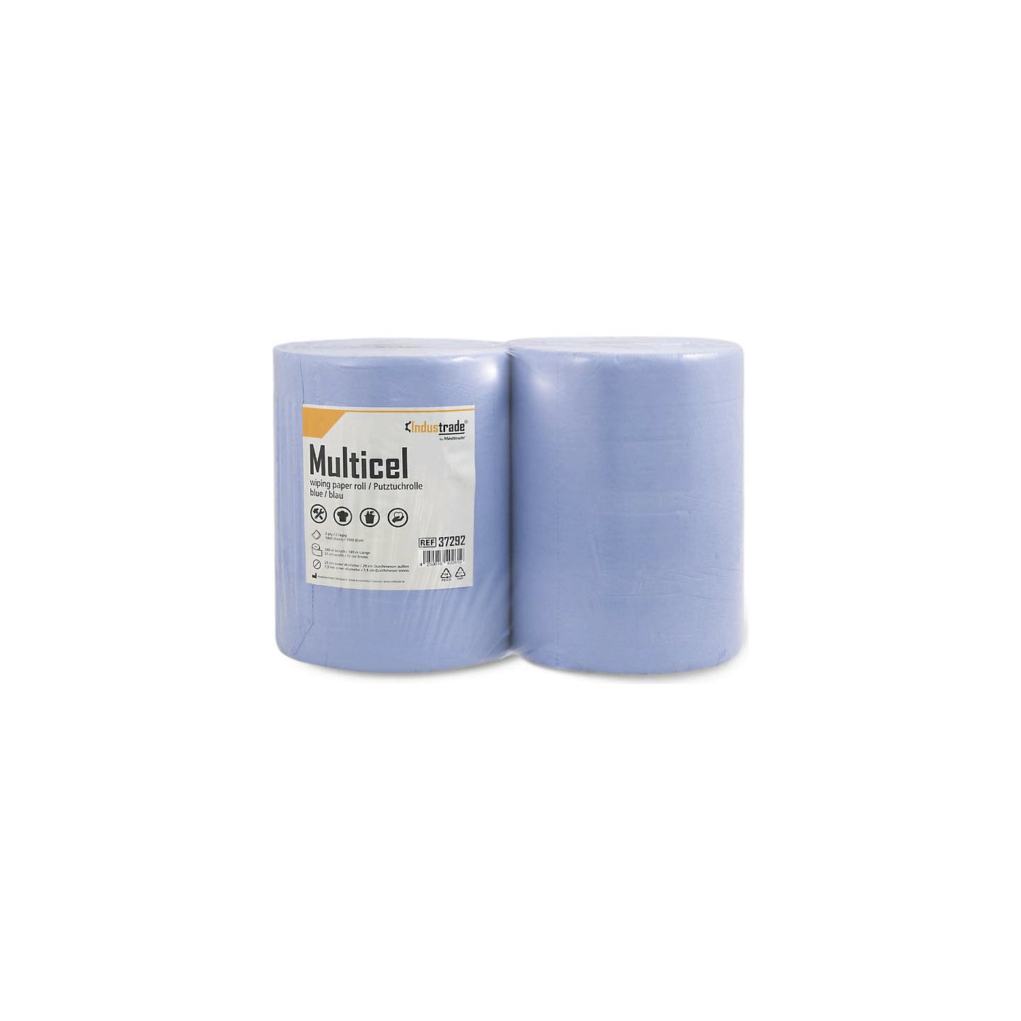 Multicel paper wipes, cellulose, 2-ply, blue, pack of 2 rolls, 1000 sheets/roll.