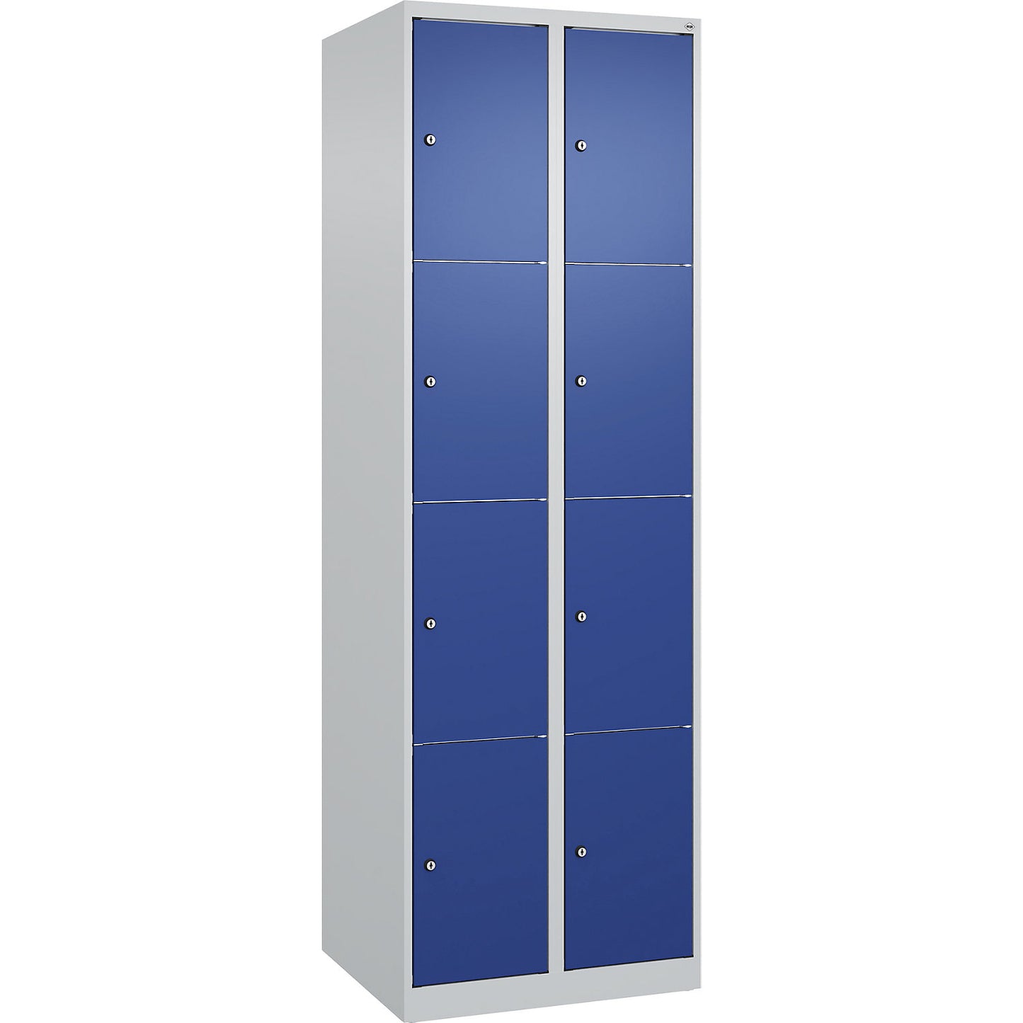 Classic PLUS 4-fold compartment locker, 2 compartments, light grey/gentian blue, W 600 mm, 8 compartments, with floor glides.