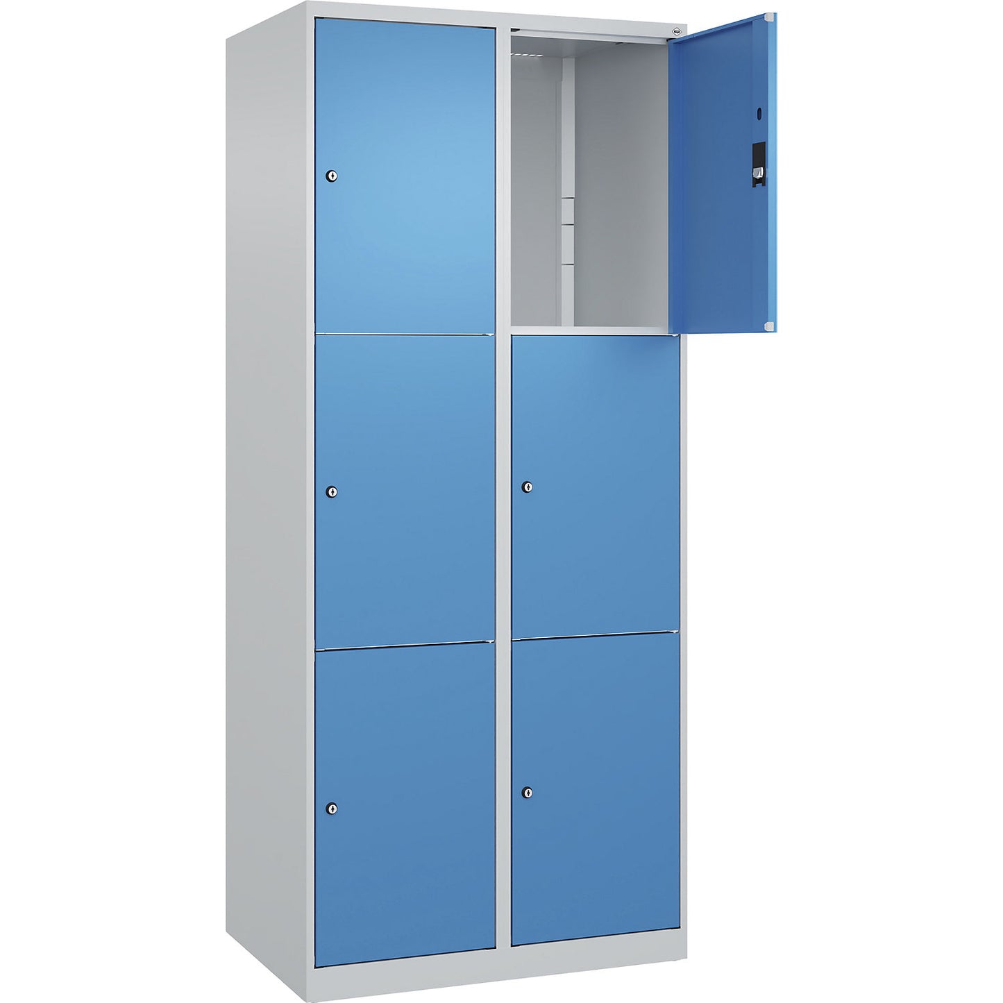 Classic PLUS 3-fold compartment locker, 2 compartments, light grey/light blue, W 800 mm, 6 compartments, with floor glides.