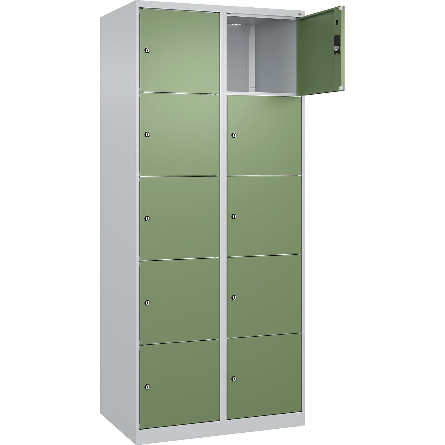 Classic PLUS 5-fold compartment locker, 2 compartments, light grey/reseda green, W 800 mm, 10 compartments, with floor glides.