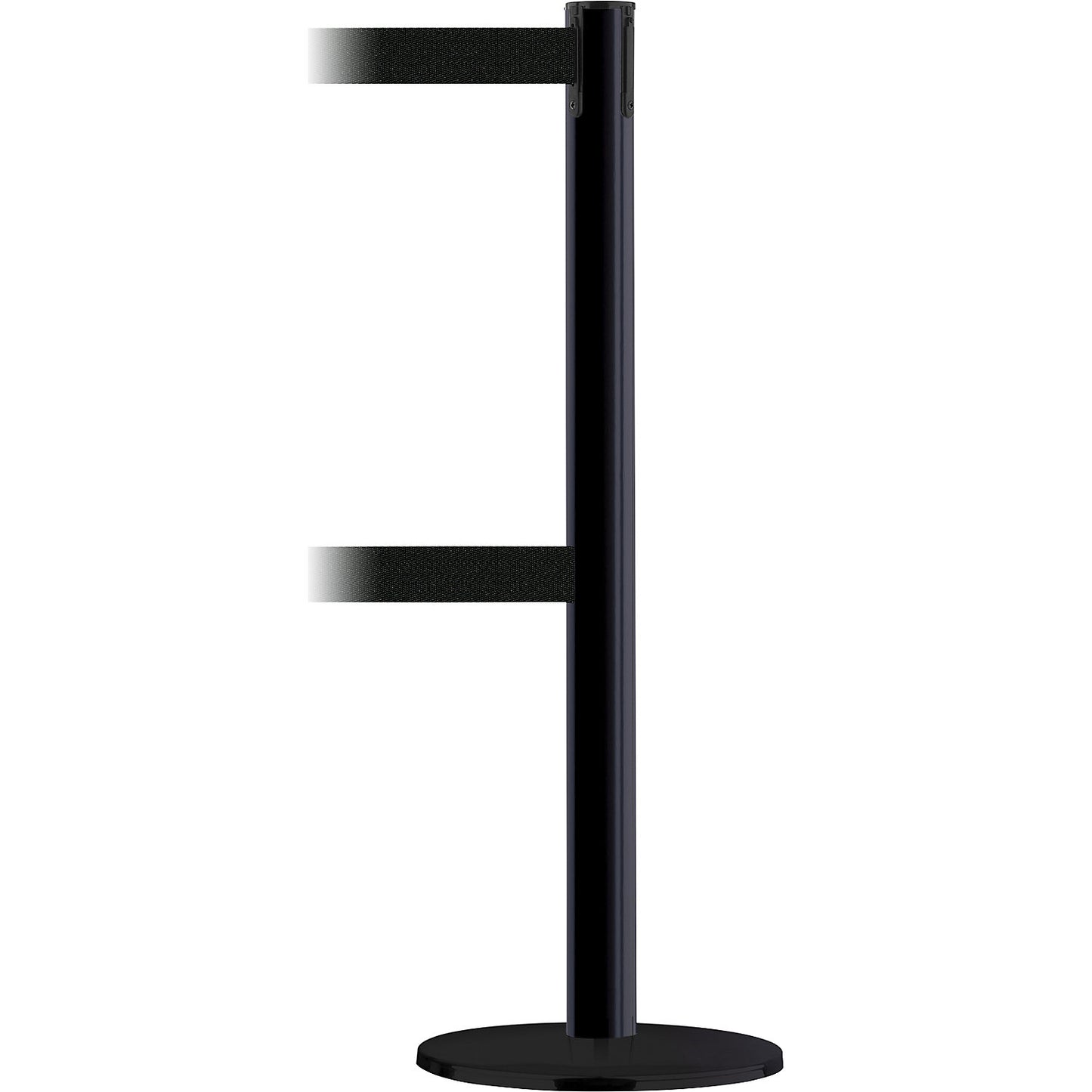 Advance Dualline belt barrier post, belt extends to 3650 mm, post black, belt black.