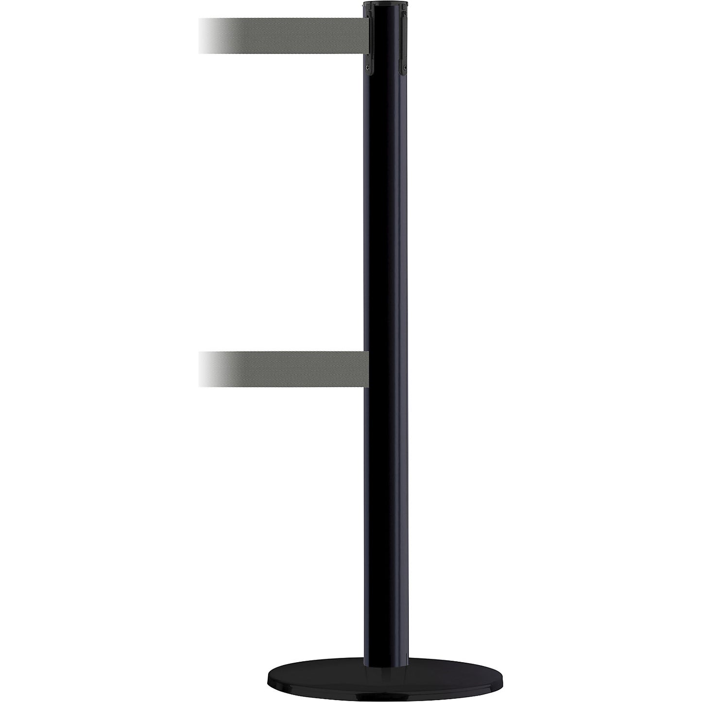 Advance Dualline belt barrier post, belt extends to 2300 mm, post black, belt grey.