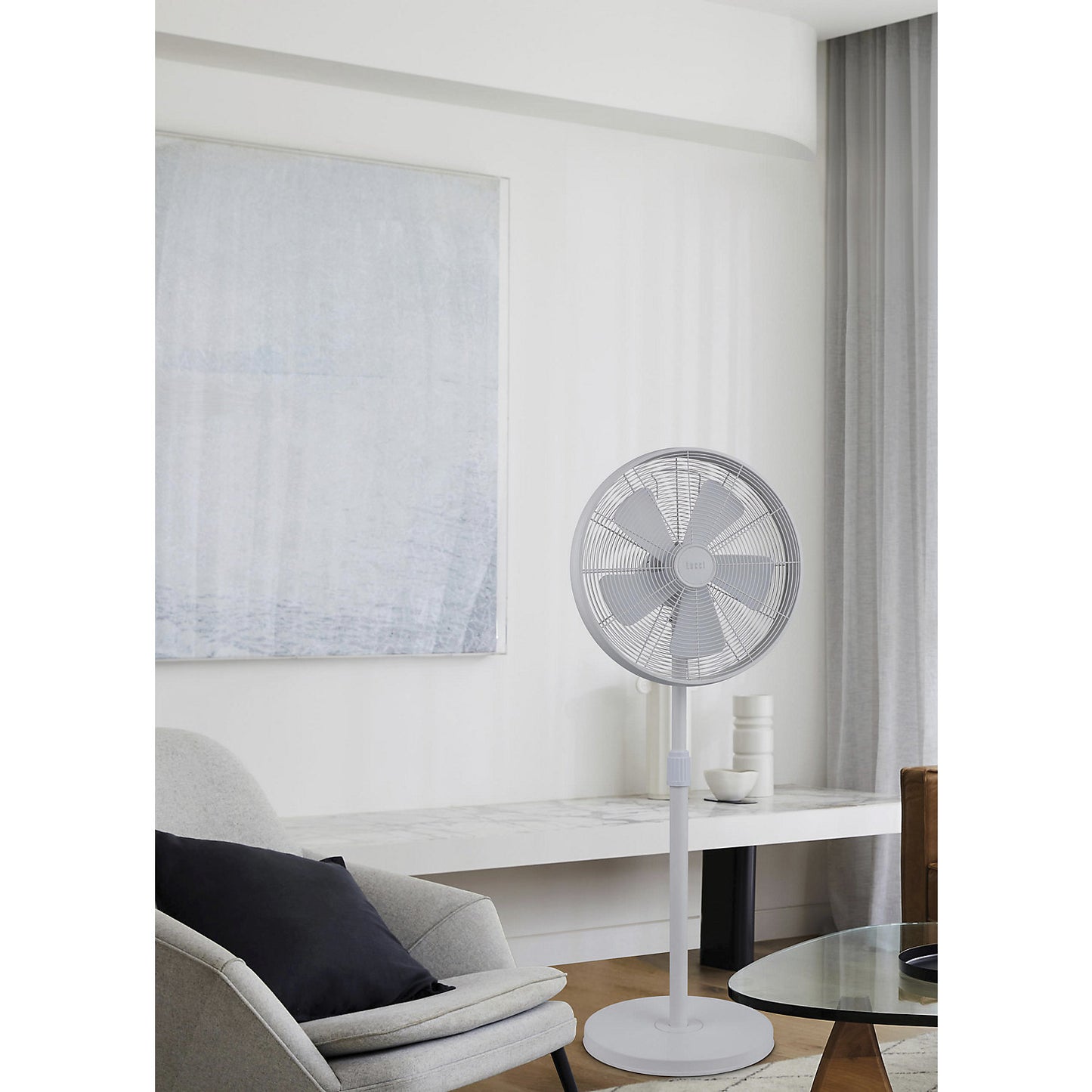 BREEZE pedestal fan, with swivelling head, incl. remote control, white.