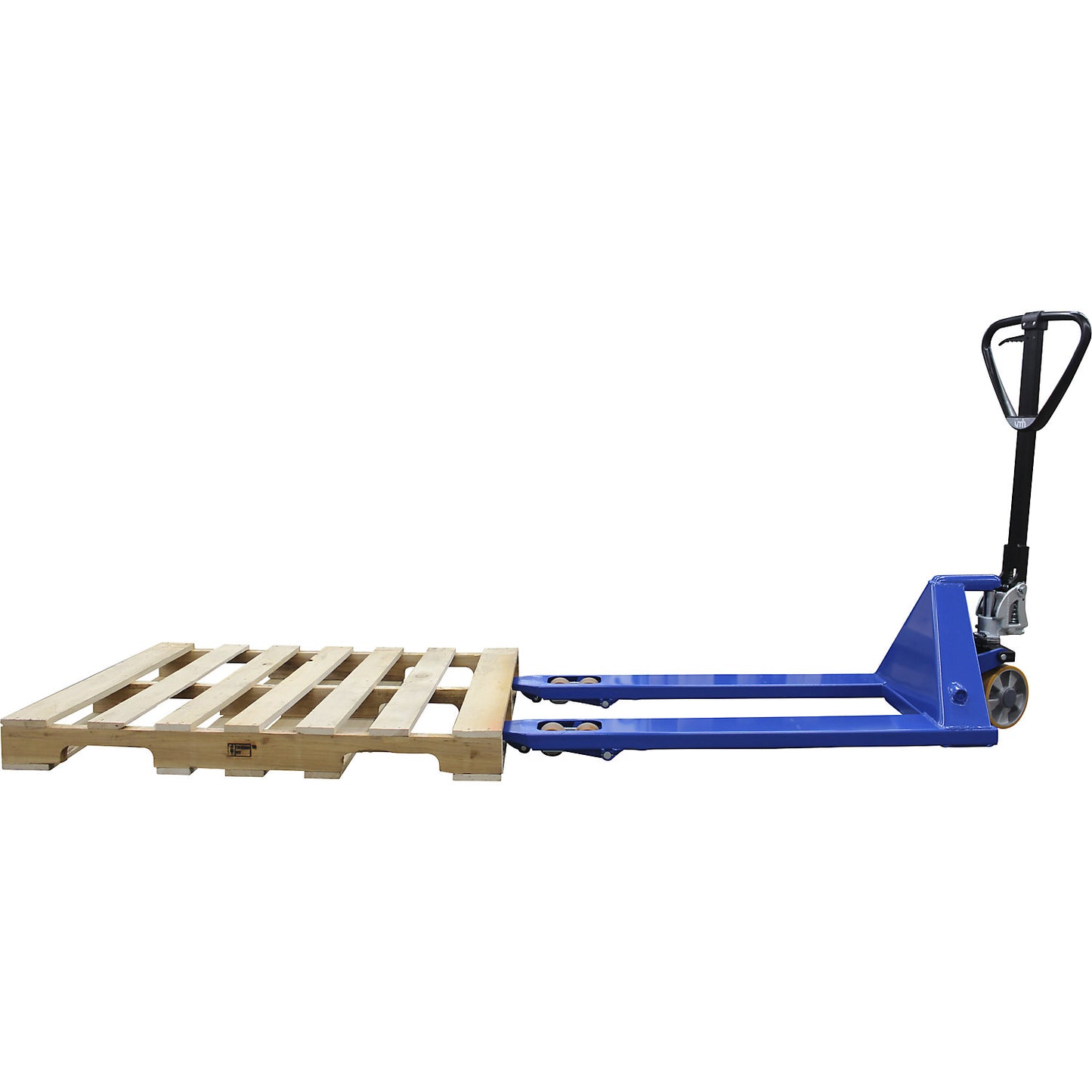 Pallet truck for US pallets, solid rubber steering wheels / PU fork rollers, fork length 1155 mm.