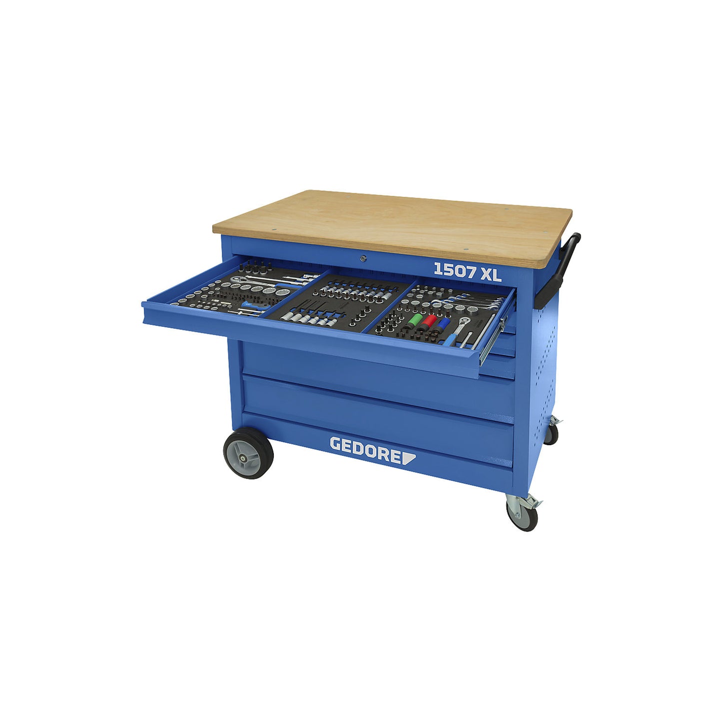Mobile workbench, incl. 308 piece tool kit, worktop width 1200 mm.