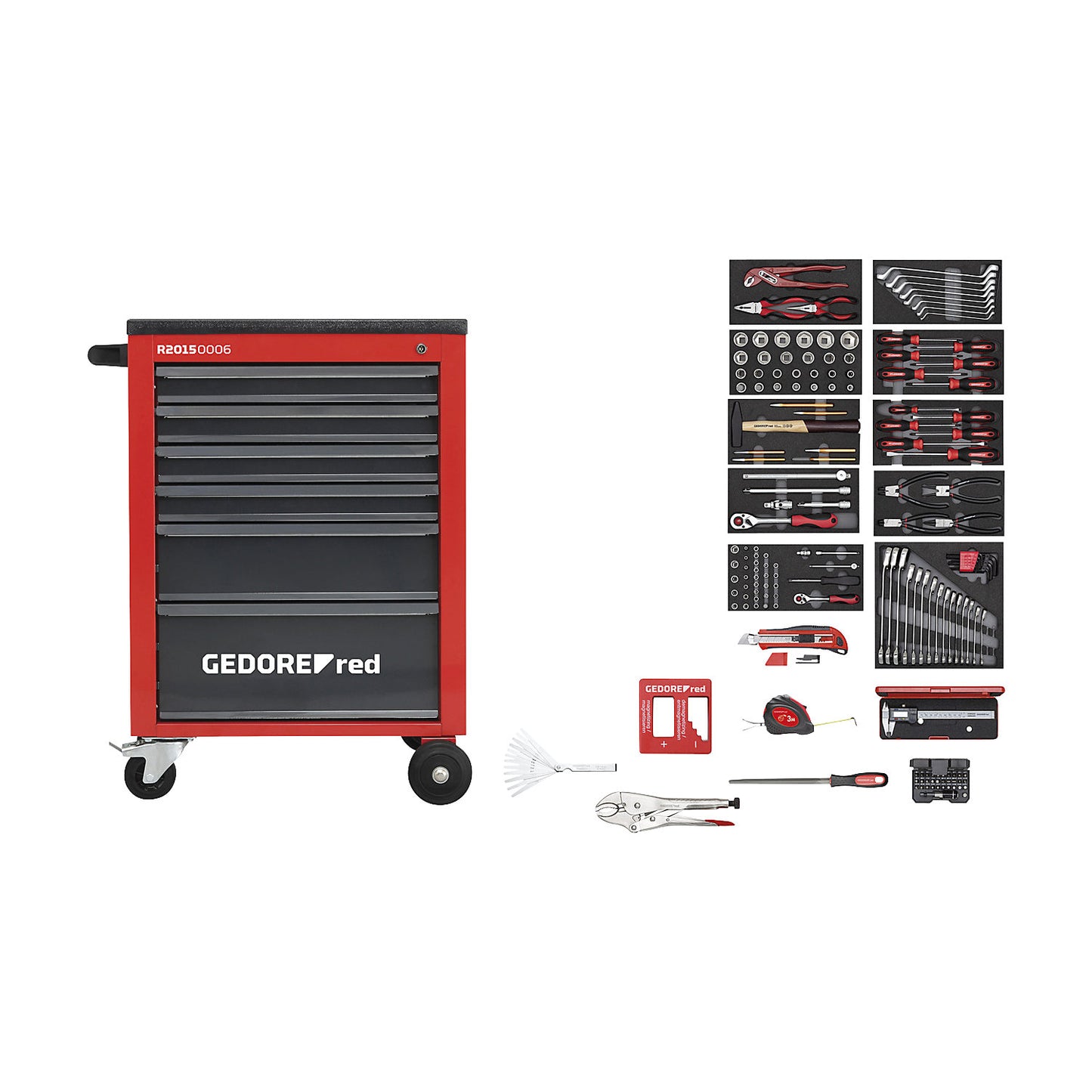 MECHANIC workshop trolley, fully equipped, 6 drawers, 166 parts, red/black, HxWxD 910 x 628 x 418 mm.