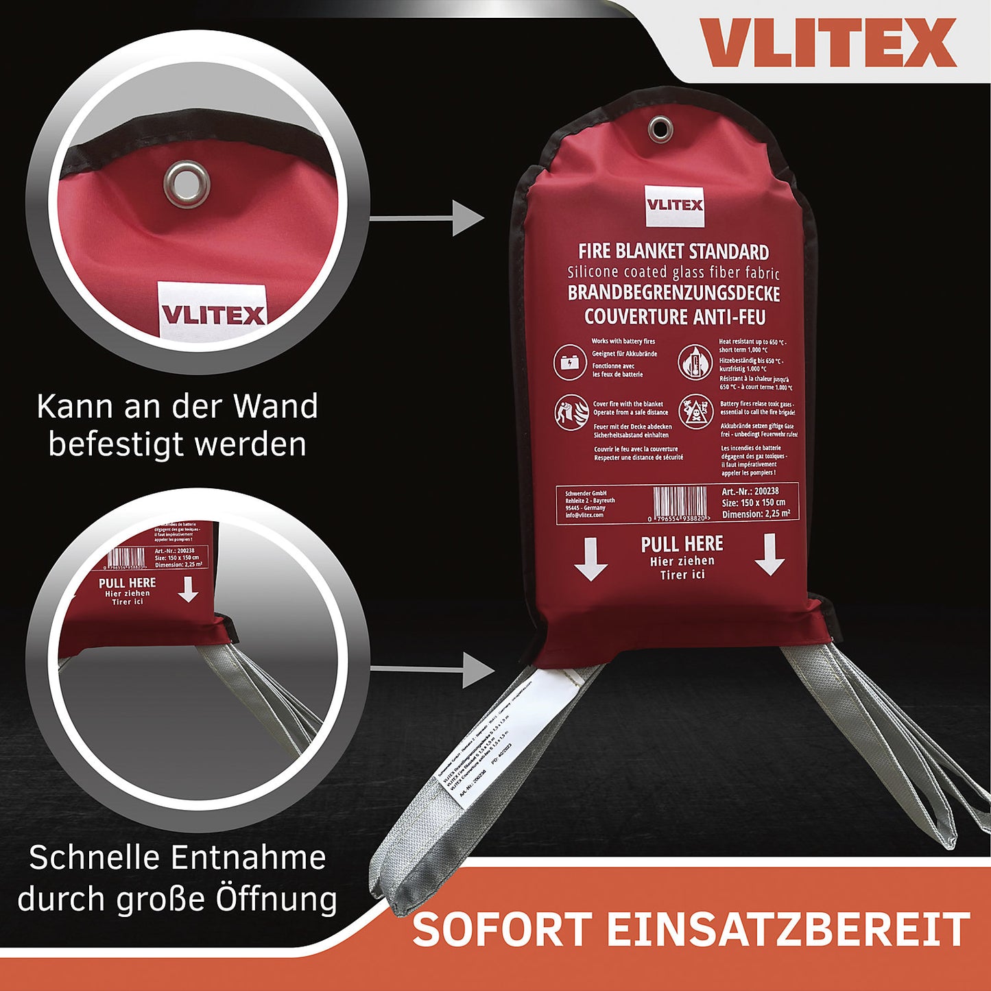 PREMIUM li-ion battery fire containment blanket, LxW 1500 x 1500 mm, fire class A2.